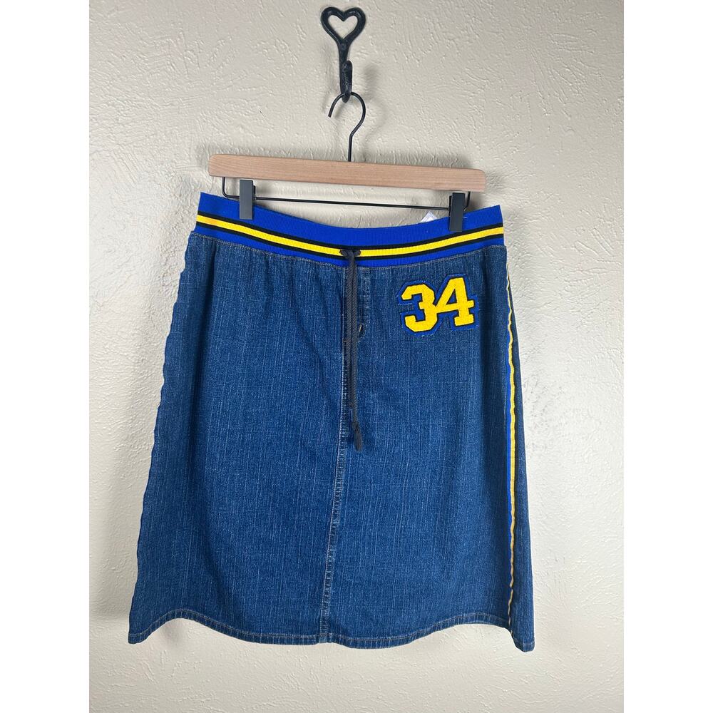 Vintage 90’s Denim Skirt Size 2X Varsity Sports Preppy Blue Jean Knee Length